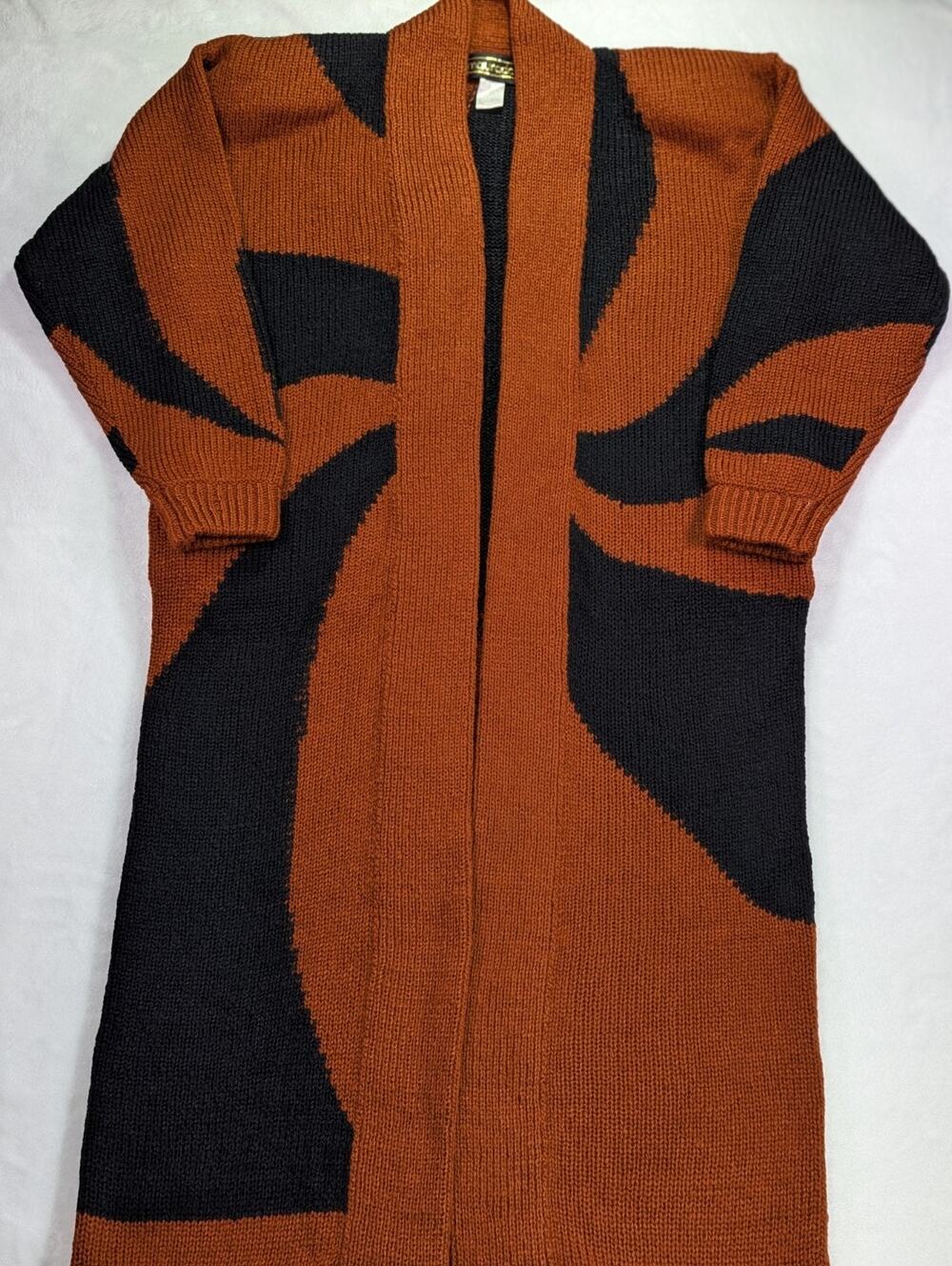 VTG 80s Maurada Women L Maxi Knit Coatigan Cardigan Burnt Orange Black Geometric